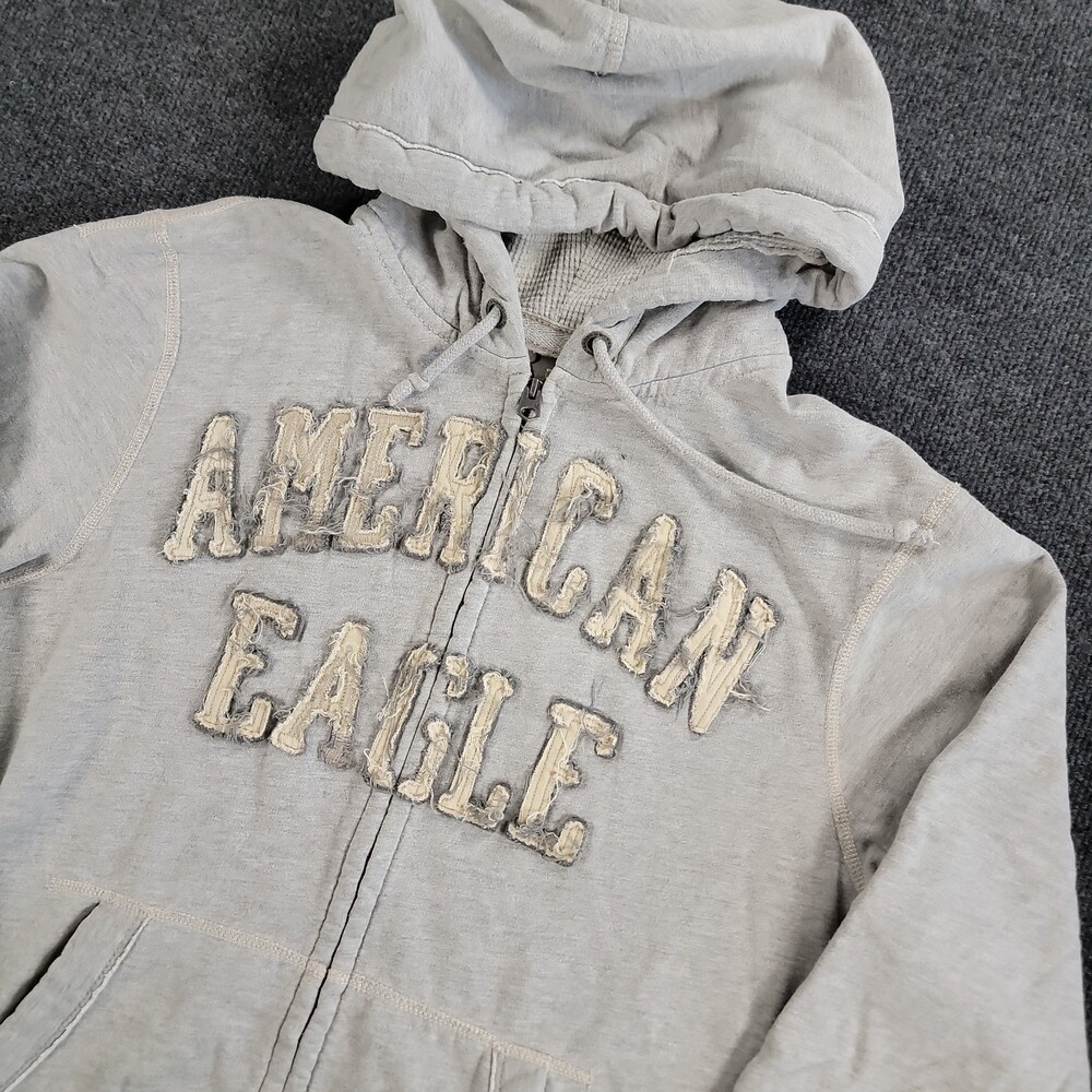 American Eagle Gray Vintage Fit Hoodie Mens XL Full Zip Spellout Distressed Y2K